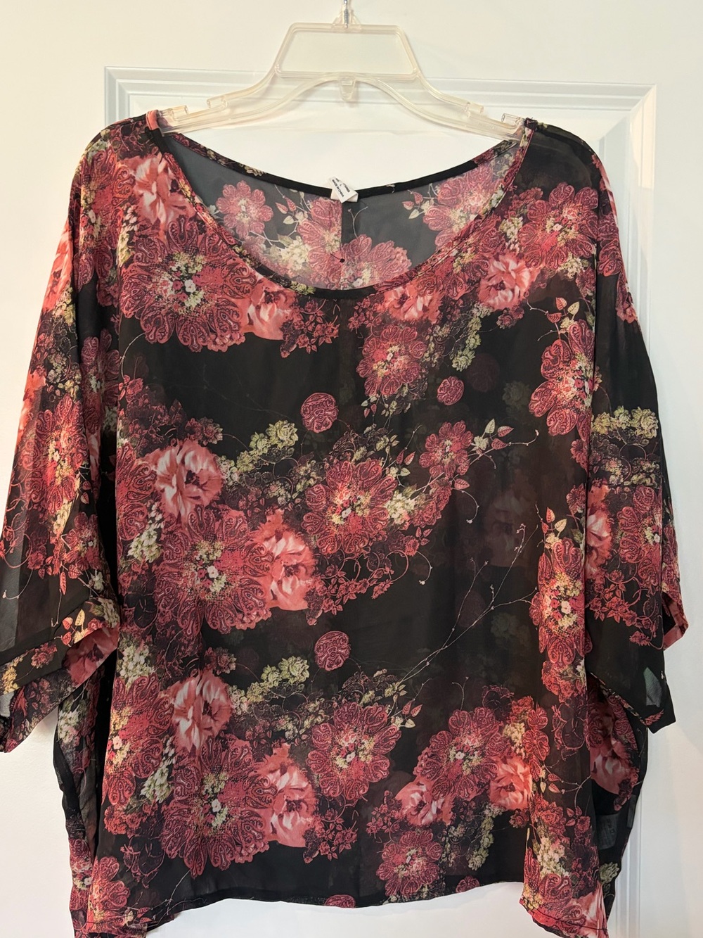 SHEIN Black Sheer Floral Blouse with Red-Pink Bouquet Print